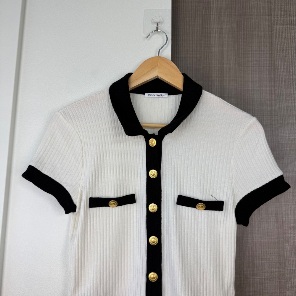 Reformation White Black Aminara Knit Short Sleeve Top Old Money Size Large - Picture 5 of 14